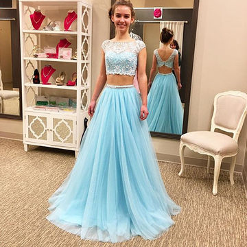 Blue Lace Spliced A-line Two Pieces.. Blue Lace Spliced A-lin Prom Dress,bridesmaid Dresses,a-line Prom Dress,beaded Formal Dresses,2017 Beaded